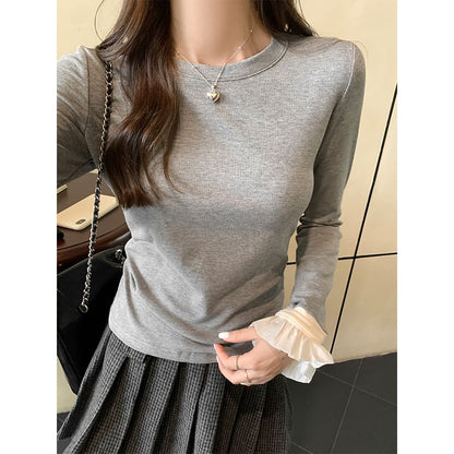 Long-Sleeve Crew Neck Two Tone Flared Cuff Slim Fit T-Shirt