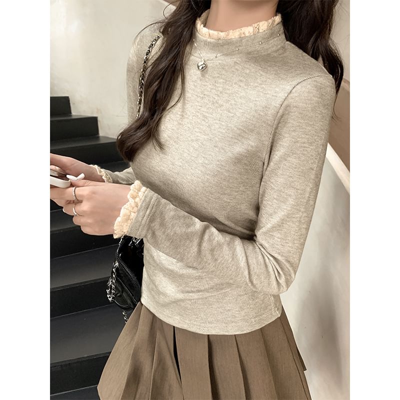 Long-Sleeve Mock Neck Lace Trim Slim Fit Tee