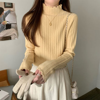 Long-Sleeve Mock Neck Plain Jacquard Lettuce Edge Knit Top