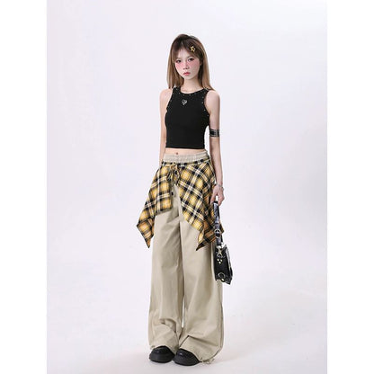 High Rise Mock Two Piece Plaid Panel Loose-Fit Wide-Leg Pants