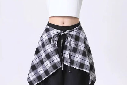 High Rise Mock Two Piece Plaid Panel Loose-Fit Wide-Leg Pants