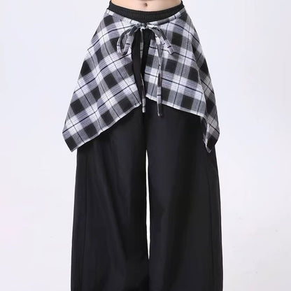 High Rise Mock Two Piece Plaid Panel Loose-Fit Wide-Leg Pants