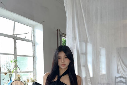 Belted Halter Skirt Faux / Pleated A-Line Leather Studded Mid Rise Top Mini Plain