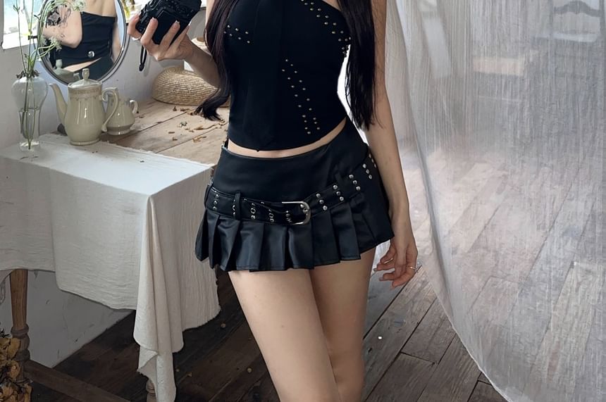 Belted Halter Skirt Faux / Pleated A-Line Leather Studded Mid Rise Top Mini Plain