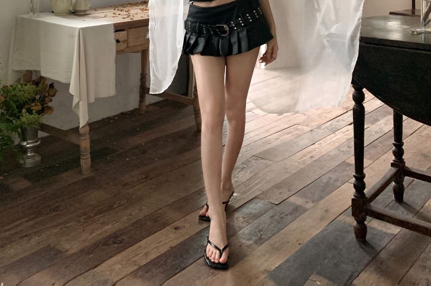 Belted Halter Skirt Faux / Pleated A-Line Leather Studded Mid Rise Top Mini Plain