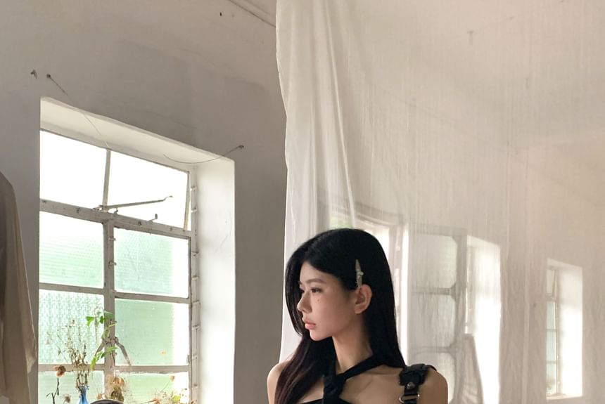 Belted Halter Skirt Faux / Pleated A-Line Leather Studded Mid Rise Top Mini Plain