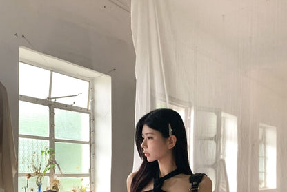 Belted Halter Skirt Faux / Pleated A-Line Leather Studded Mid Rise Top Mini Plain