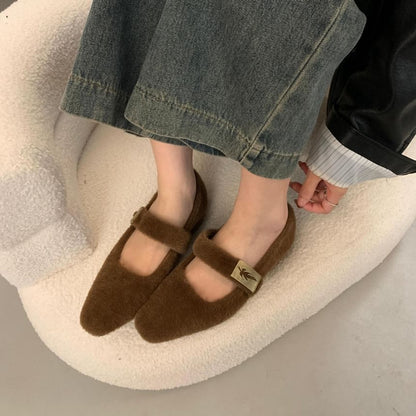 Plain Fleece Chunky Heel Mary Jane Shoes