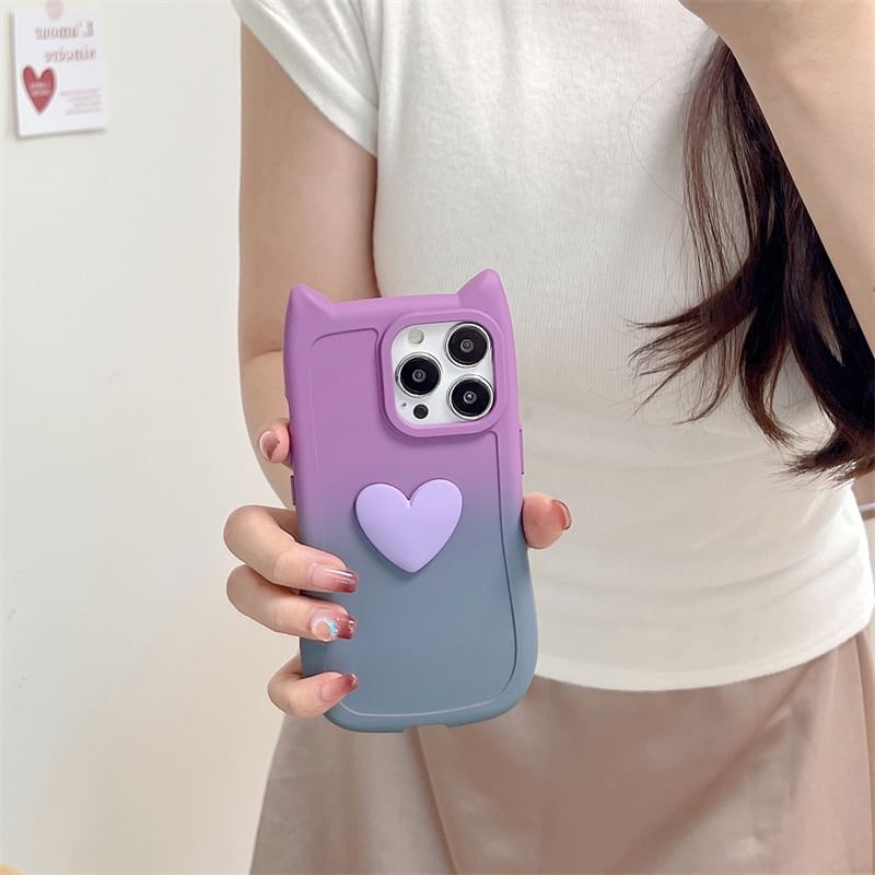 Cat Ear Heart Applique Gradient Phone Case For iPhone 16, 16 Plus, 16 Pro, 16 Pro Max, 15, 15 Pro, 15 Pro Max, 14, 14 Plus, 14 Pro, 14 Pro Max, 13, 13 Pro, 13 Pro Max