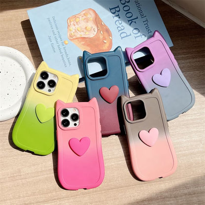 Cat Ear Heart Applique Gradient Phone Case For iPhone 16, 16 Plus, 16 Pro, 16 Pro Max, 15, 15 Pro, 15 Pro Max, 14, 14 Plus, 14 Pro, 14 Pro Max, 13, 13 Pro, 13 Pro Max