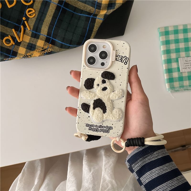 Dog Embroidered Phone Case / Strap / Set - iPhone 16 Pro Max / 16 Pro / 16 Plus / 16 / 15 Pro Max / 15 Pro / 15 Plus / 15 / 14 Pro Max / 14 Pro / 14 Plus / 14 / 13 Pro Max / 13 Pro / 13