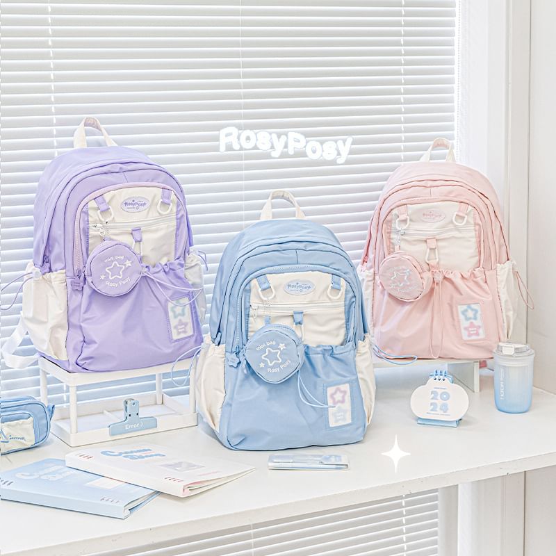 Set: Star Embroidered Drawstring PVC Panel Nylon Backpack + Coin Purse