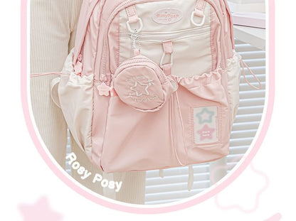 Set: Star Embroidered Drawstring PVC Panel Nylon Backpack + Coin Purse