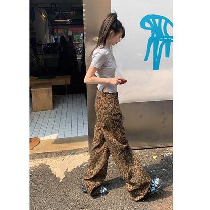 Low Rise Leopard Print Straight-Fit Wide-Leg Pants