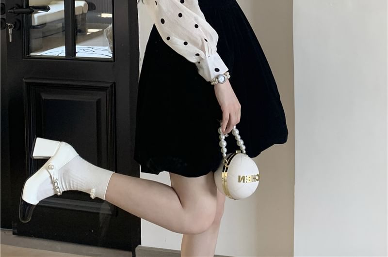 Long-Sleeve Crew Neck Dotted Blouse / Square Neck Plain Velvet Mini A-Line Jumper Dress