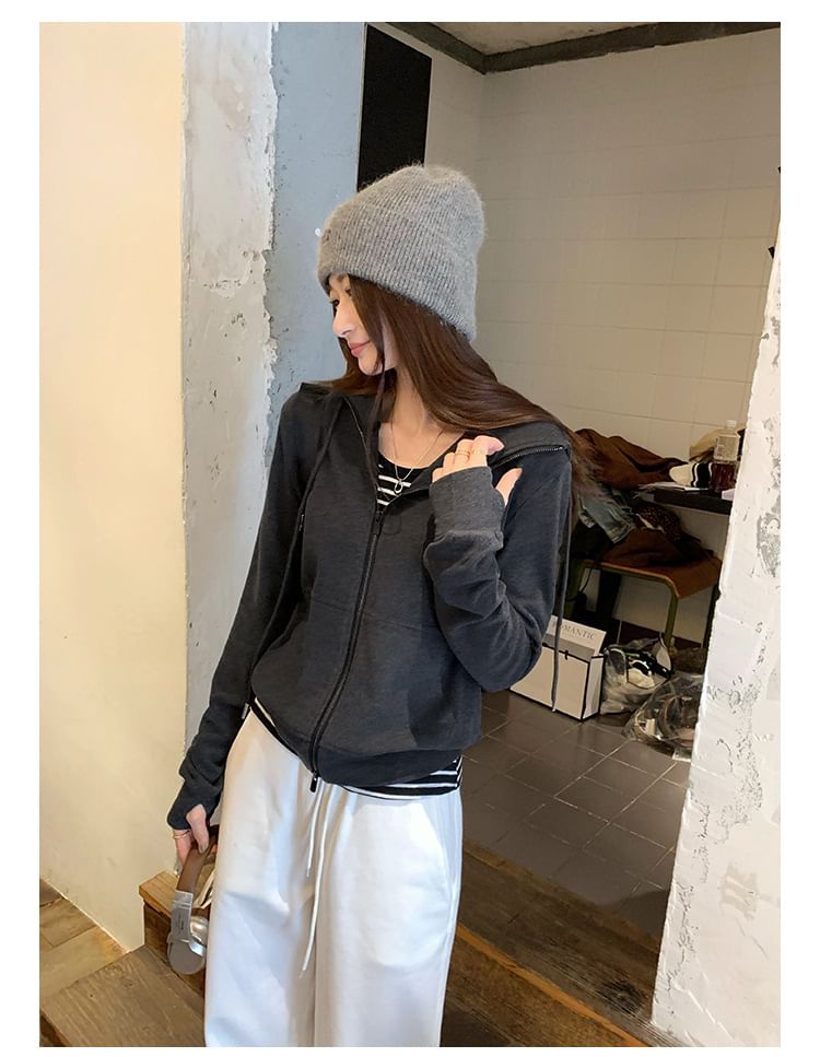 Plain Drawstring Zip-Up Hoodie