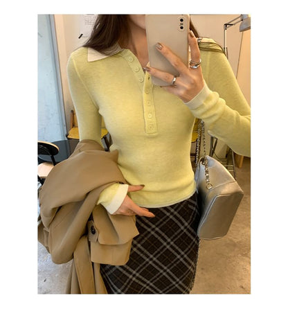 Long-Sleeve Collared Mock Two-Piece Two Tone Half-Buttoned Knit Top