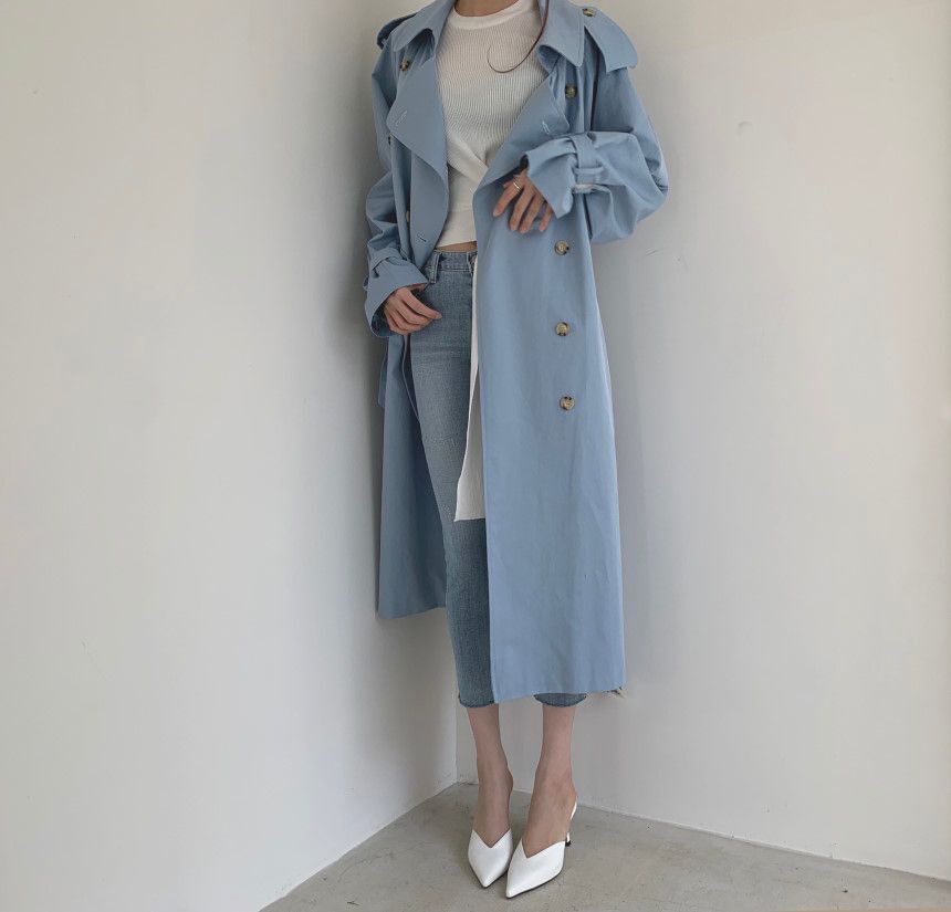 Collared Plain Back Slit Midi Double Breasted Trench Coat