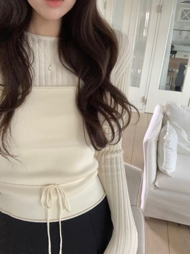 Set: Long Sleeve Round Neck Plain Ribbed Knit Top + Tube Top