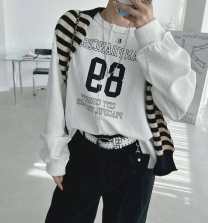 Round Neck Numbering Lettering Print Panel Sweatshirt