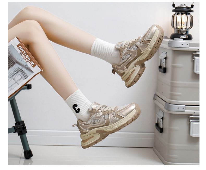 Panel Platform Lace-Up Sneakers Mesh