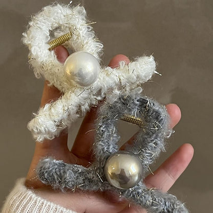 Furry Bow Faux Pearl Hair Claw