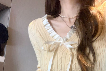 Long-Sleeve V-Neck Bow Accent Frill Trim Cable Knit Top