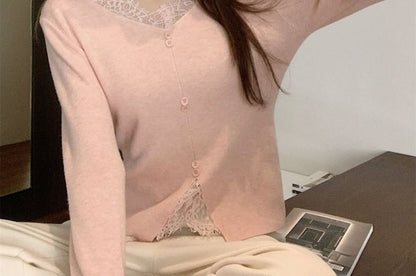 Long-Sleeve V-Neck Plain Lace Panel Button Accent Knit Top