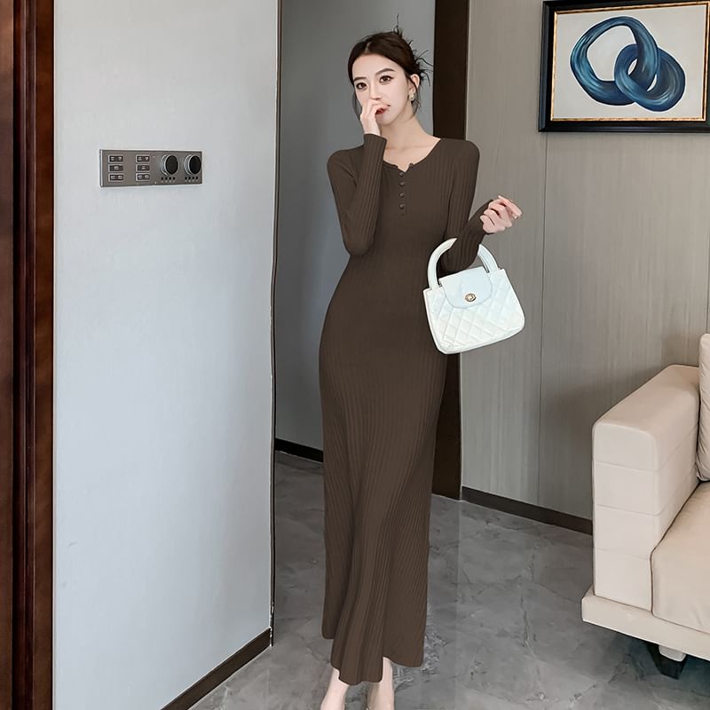 Long-Sleeve Crew Neck Plain Buttoned Maxi Sheath Dress