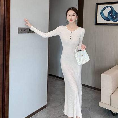 Long-Sleeve Crew Neck Plain Buttoned Maxi Sheath Dress