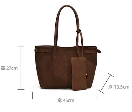 Buckled Faux Suede Tote Bag With Faux Leather Card Holder