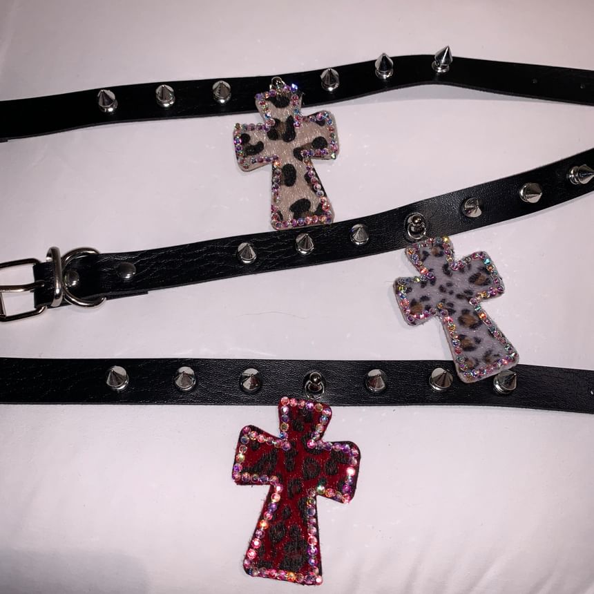 Cross Rhinestone Pendant Studded Faux Leather Choker