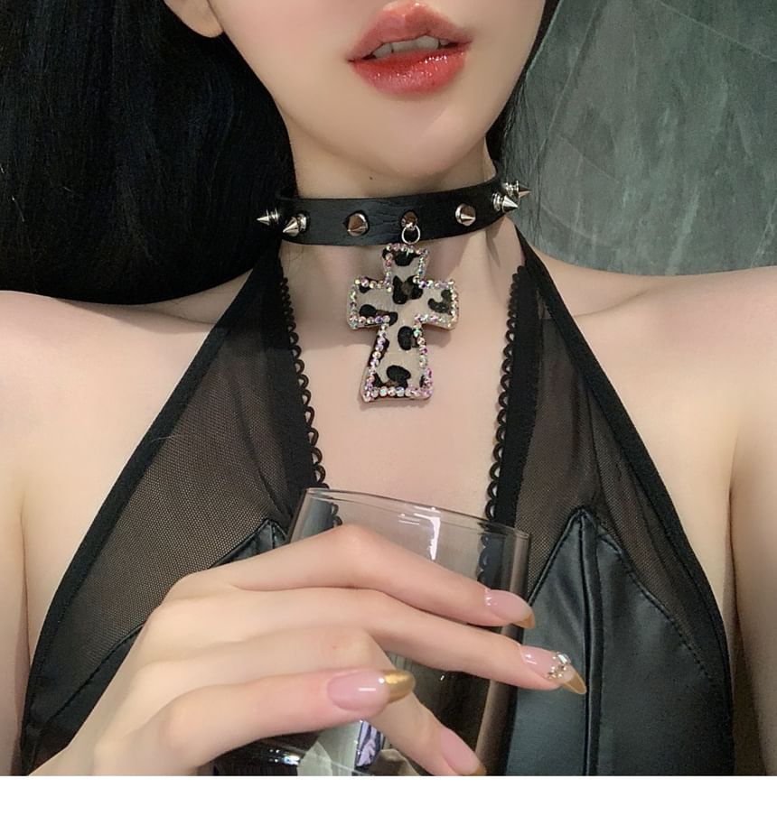 Cross Rhinestone Pendant Studded Faux Leather Choker