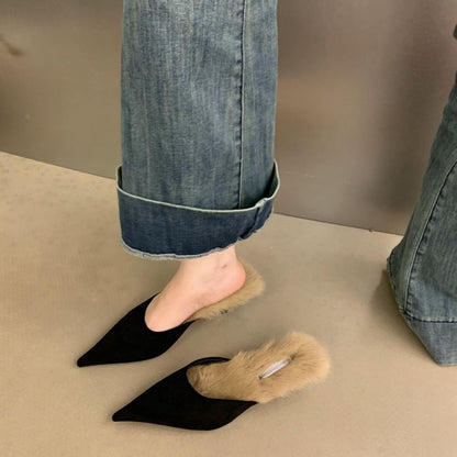 Mules Kitten Heel Pointed Toe Fleece-Lined