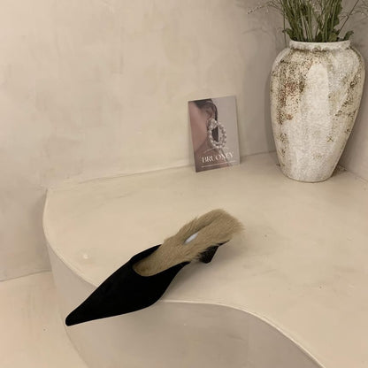 Mules Kitten Heel Pointed Toe Fleece-Lined