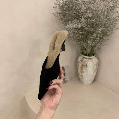 Mules Kitten Heel Pointed Toe Fleece-Lined