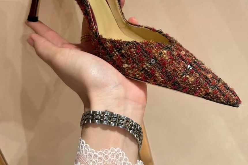 Pumps Sequin Pointed Tweed Stiletto Toe