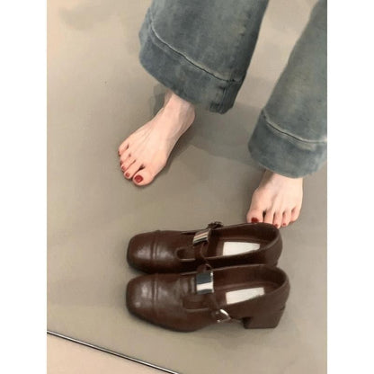 Heel Mary Plain Faux Leather Square Pumps T-Strap Chunky Jane Toe