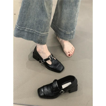 Heel Mary Plain Faux Leather Square Pumps T-Strap Chunky Jane Toe