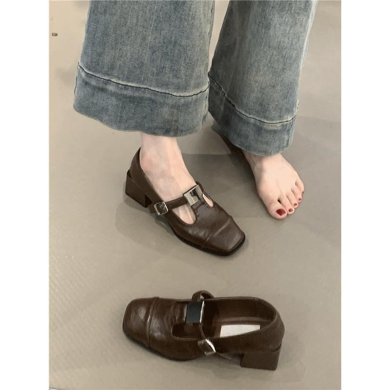 Heel Mary Plain Faux Leather Square Pumps T-Strap Chunky Jane Toe