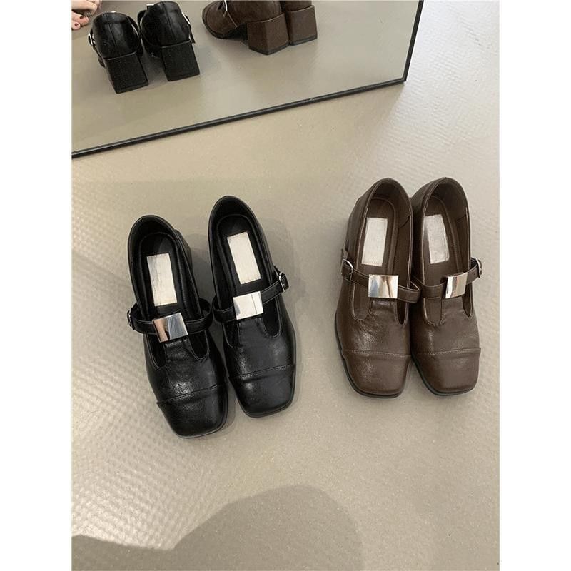 Heel Mary Plain Faux Leather Square Pumps T-Strap Chunky Jane Toe