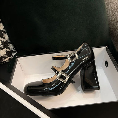 Leather Heel Pumps Jane Buckled Chunky Mary Patent Rhinestone
