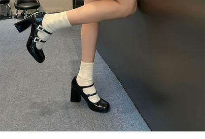 Leather Heel Pumps Jane Buckled Chunky Mary Patent Rhinestone