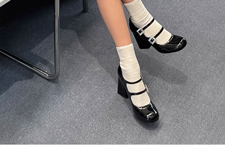 Leather Heel Pumps Jane Buckled Chunky Mary Patent Rhinestone