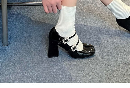 Leather Heel Pumps Jane Buckled Chunky Mary Patent Rhinestone