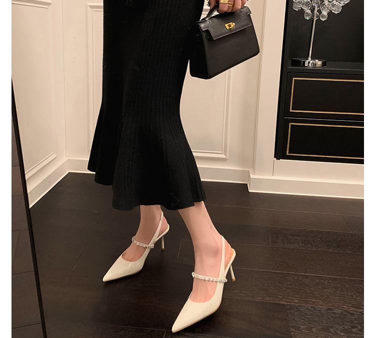 Sandals Stiletto Rhinestone Pointed Toe Leather Slingback Patent Accent