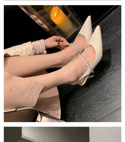 Sandals Stiletto Rhinestone Pointed Toe Leather Slingback Patent Accent