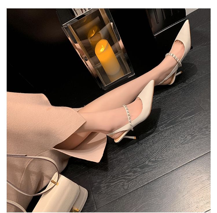 Sandals Stiletto Rhinestone Pointed Toe Leather Slingback Patent Accent