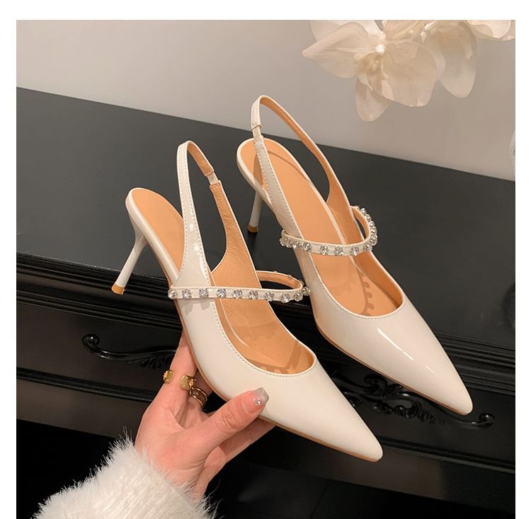 Sandals Stiletto Rhinestone Pointed Toe Leather Slingback Patent Accent