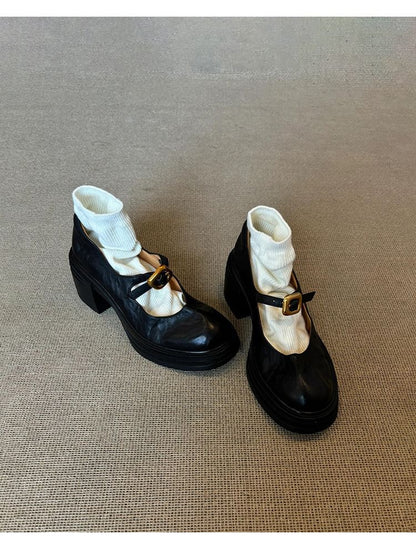 Faux Plain Heel Leather Chunky Shoes Buckled Jane Mary